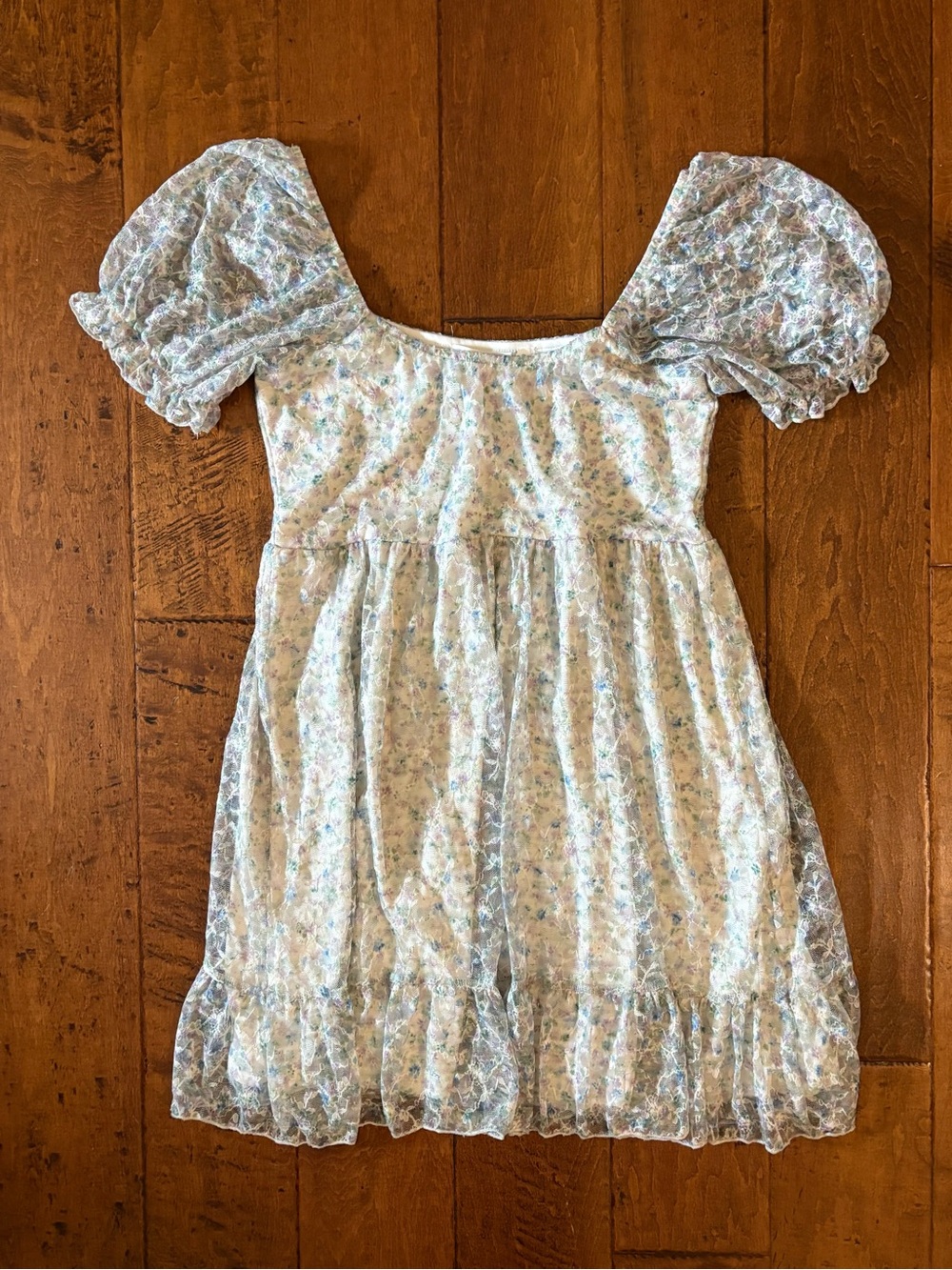 Altar'd State Blue Floral Lace Mesh Mini Dress with Puff Sleeves - Medium